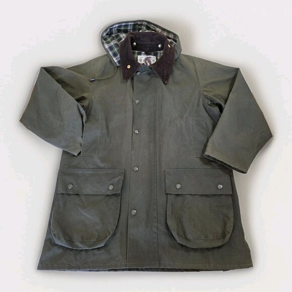 VTG Lavenir Wax Chore Coat Men 36 Military Green LS Lined Cotton Equestrian Hood - Picture 9 of 16